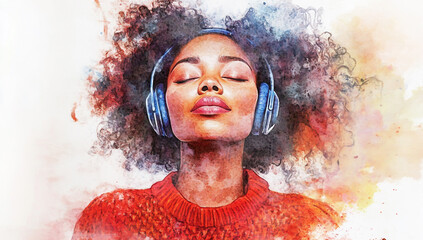 Watercolor illustration of a black woman wearing headphones on a white background