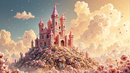 Indulge in a whimsical world with a chocolate castle adorned with jellybean turrets set under a sky of golden cotton candy clouds © GMeta
