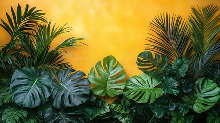 A creative display of lush green tropical palm and monstera leaves, artfully arranged on a dual-tone yellow and beige background.