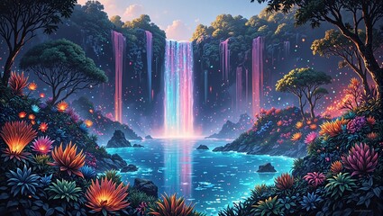 Majestic rainbow waterfall flowing into a luminous lagoon embraced by glowing neon plants at twilight Surreal and enchanting © GMeta