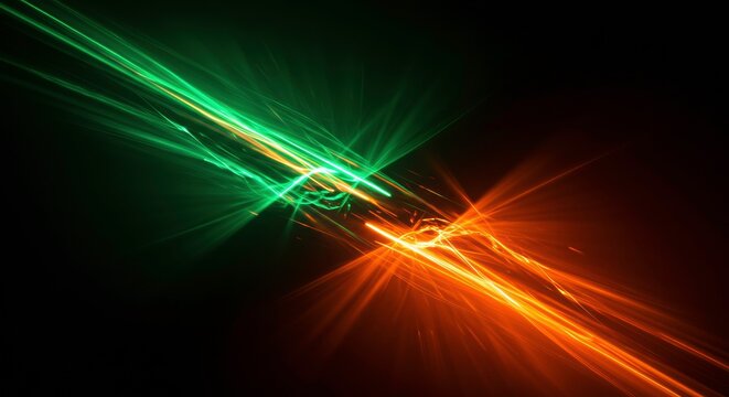 Clashing Colors: An abstract, energetic clash of green and orange light streaks across a black background, creating a dynamic and vibrant visual effect.  