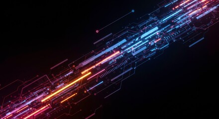 Digital Flux: Abstract representation of data flow, featuring vibrant streaks of blue and orange light traversing a dark background.