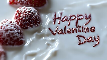 Fresh strawberries dusted with powdered sugar next to romantic Valentine's Day greeting written in red script on white background, creating festive holiday mood.
