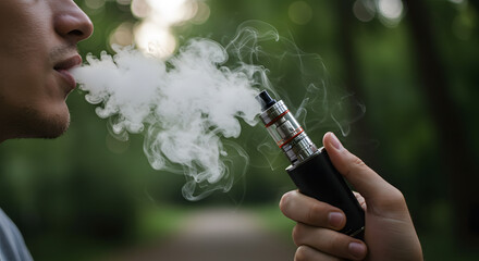 Fototapeta premium Man is vaping in a forest.