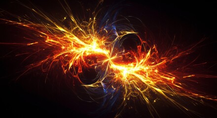 Cosmic Collision: A mesmerizing digital artwork captures the dynamic energy of a celestial collision,  as vibrant streaks of orange and blue light intertwine against a dark backdrop.