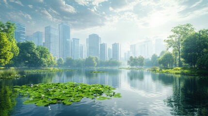 Fototapeta premium A city with a lake in the middle of it