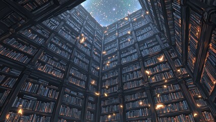 Discover the magic of an enchanted library with floating books amidst glowing runes under a starlit sky © GMeta