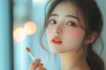Obraz premium Skin care, beauty cosmetics concept, pretty asian young woman, girl make up face by applying brush on, lips balm on her mouth, looking at the mirror at home. Female look with natural fashion