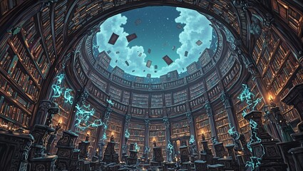 Discover the magic of an enchanted library with floating books amidst glowing runes under a starlit sky © GMeta