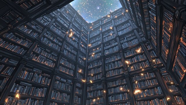 Discover the magic of an enchanted library with floating books amidst glowing runes under a starlit sky