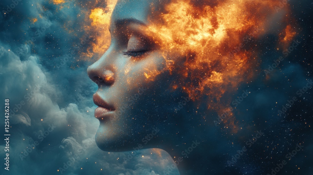 Poster cosmic dreamer lost in a fiery sky, blending imagination with the universe at twilight