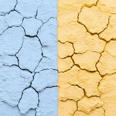 Obraz premium Cracked wall surface split in blue and yellow colors showing weathered texture and deep fissures in concrete or plaster background.