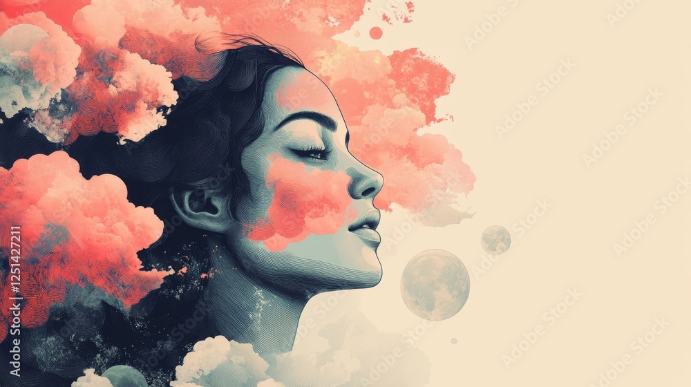 Poster vibrant expression of tranquility blends with abstract clouds in a dreamy portrait during a serene t