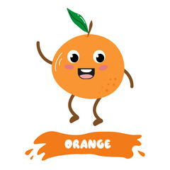 Cheerful cartoon orange tangerine character with big eyes and wide smile dances joyfully. The character has a green leaf on his head and a bright orange body, which adds a playful feel to the scene.