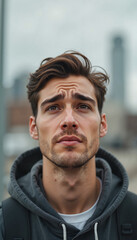 Obraz premium Man looking up with a thoughtful expression against an urban background