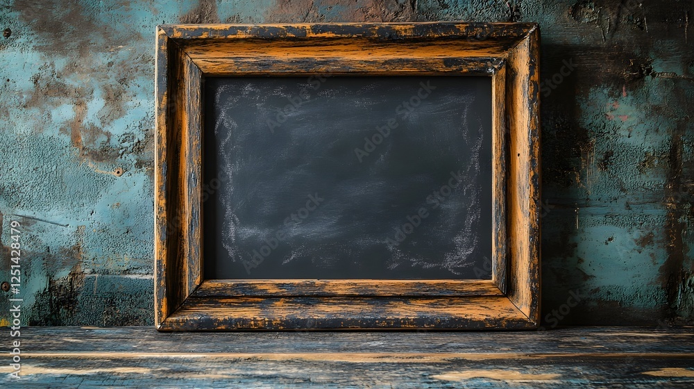 Poster vintage rustic chalkboard frame on wooden desk or table with grunge textures and copy space retro ed
