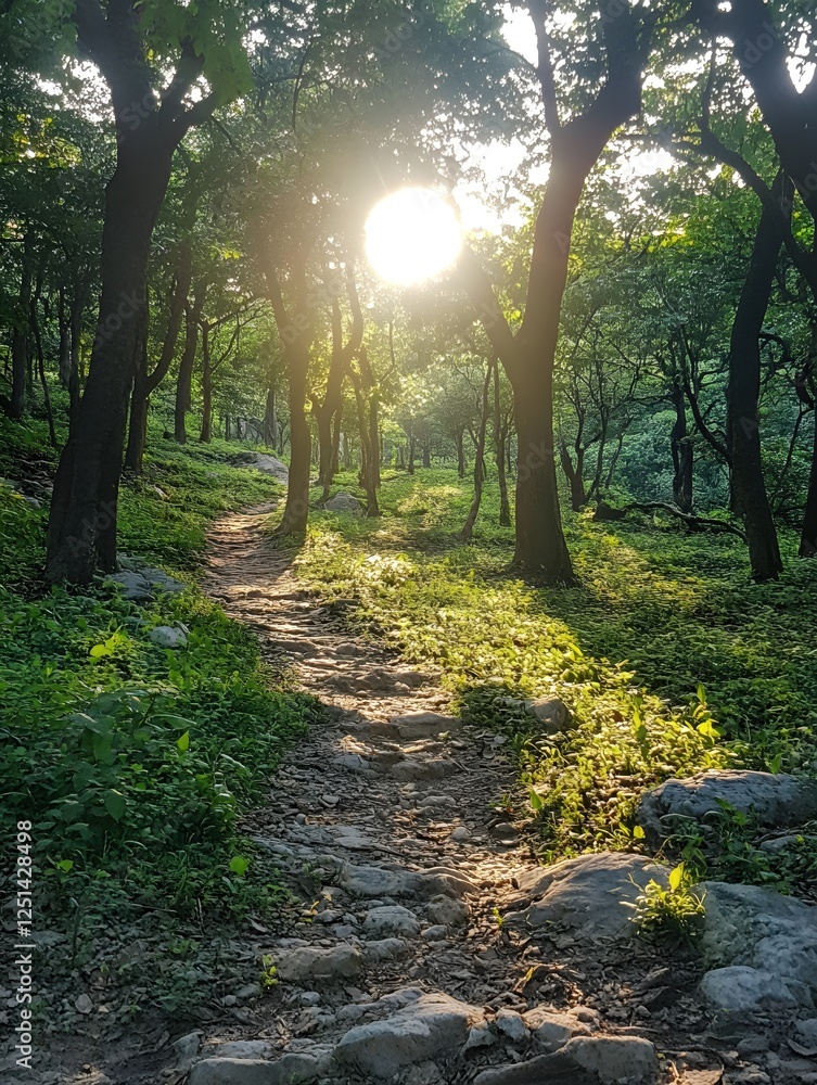 Poster path through the forest with sunlight streaming through the trees creating a serene scene
