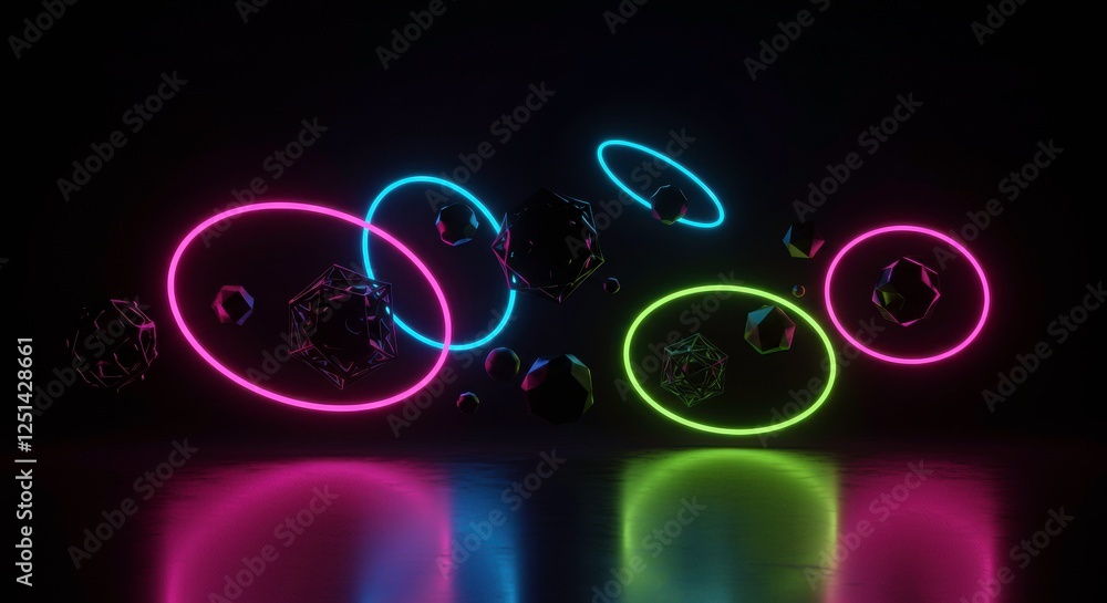 Poster neon abstract: a captivating abstract composition featuring a cluster of black spheres suspended in 