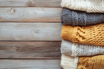 Cozy Knitted Sweaters Arranged on Wooden Background for Winter Style