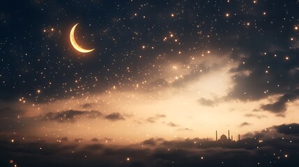 Naklejka premium A serene night scene featuring a glowing crescent moon during Ramadan.
