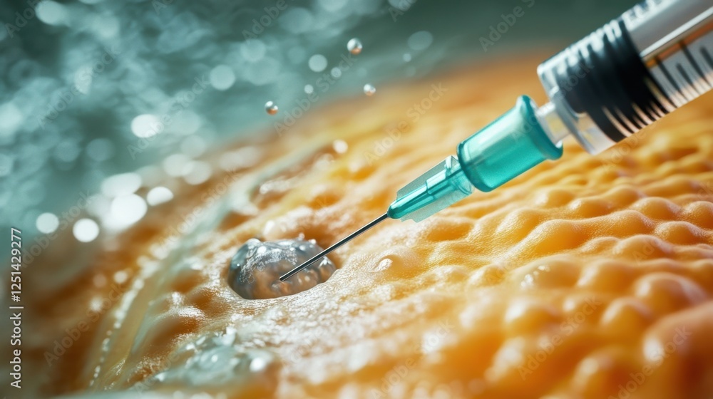 Poster close up view of a syringe penetrating a textured, brain like surface, depicting scientific experime