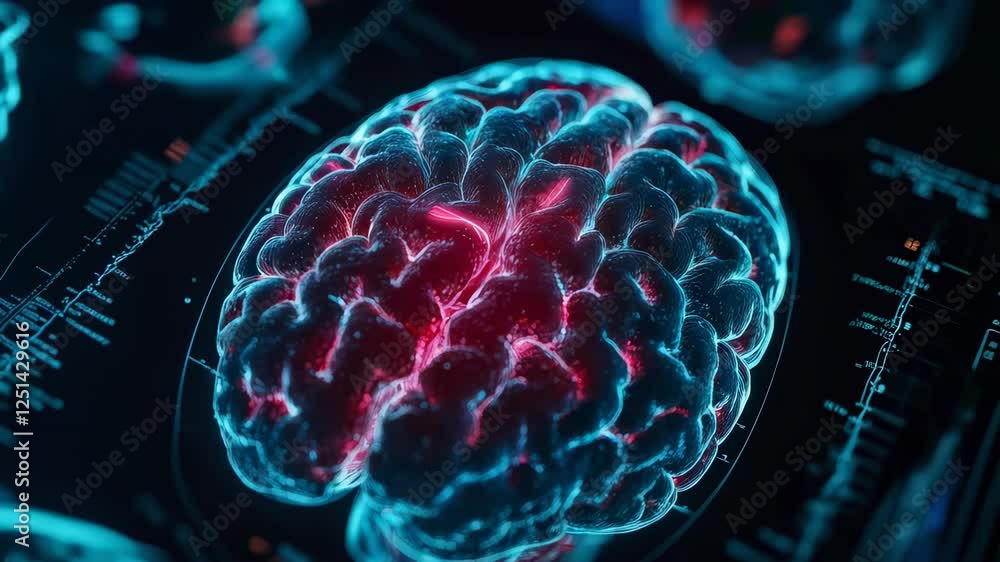 Aufkleber Detailed medical animation revealing rotating human brain structure, highlighting neurological activity and potential diagnostic insights using advanced holographic visualization techniques