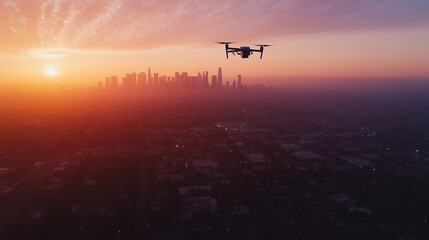 A sleek drone flying over a cityscape at sunset, capturing aerial footage