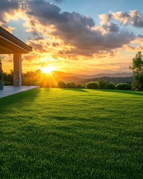 Serene sunset over lush green lawn and distant hills creating a peaceful residential scene