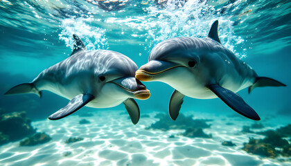 Obraz premium Dolphins Swimming in Clear Blue Water 