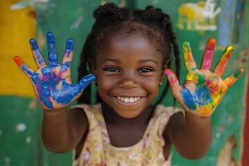 Joyful Young Girl with Colorful Painted Hands Smiling Brightly
