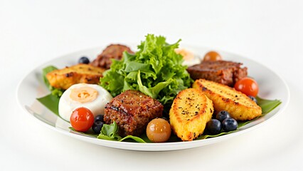Delicious and Healthy Gourmet Meal with Polenta, Meat Patties, and Fresh Salad