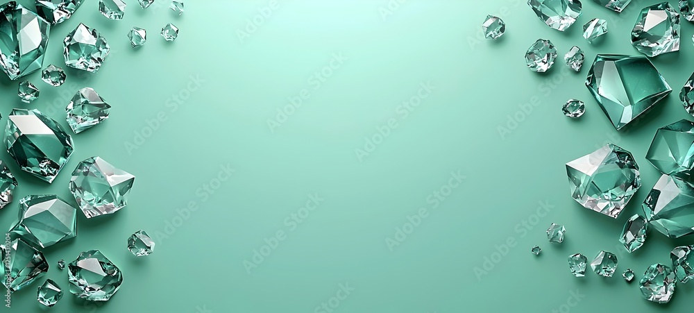 Poster a stunning array of sparkling aqua-colored diamonds scattered against a soft mint green background, 