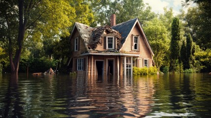 Obraz premium A house is surrounded by water and has a lot of damage