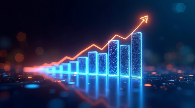 abstract financial technology concept  Futuristic financial graph  glowing neon bar charts  3D data visualization  upward trending arrow