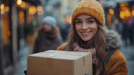 A delivery moment captured a courier handing over a cardboard box to a client on a bustling street, the seamless service in action, bringing convenience to your doorstep.