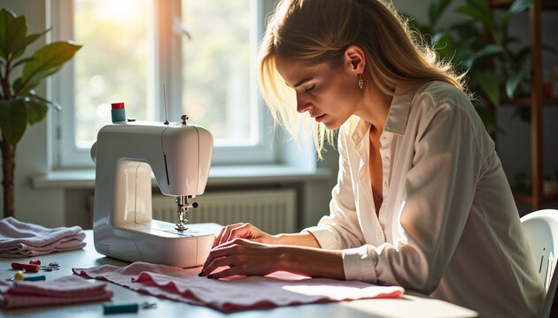 Woman sewing at machine, learning and creating in a bright workspace,