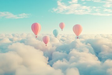 Obraz premium Colorful Hot Air Balloons Floating Above Soft White Clouds