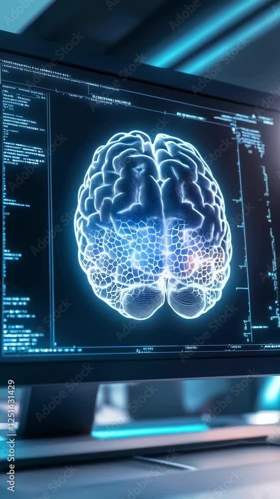 Poster Futuristic medical software analyzing a 3d brain model, highlighting different areas and connections in slow motion, providing detailed insights into its structure and activity