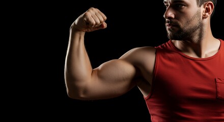 Man Flexing Biceps Posing in Red Tank Top Against Black Background