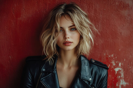 Woman in black leather jacket leaning against red wall.