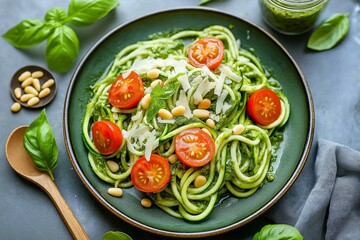Delicious zucchini noodles with pesto topped with cherry tomatoes and pine nuts for low-carb diet recipes aimed at weight loss. Concept explores low-carb diet recipes for healthy eating.