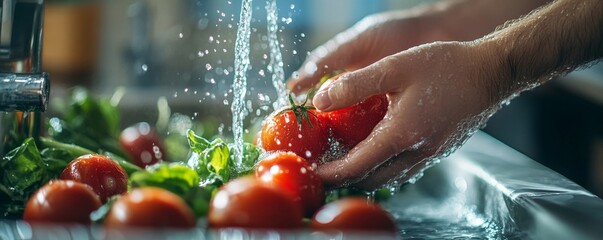 Close up of hands people washing vegetables by tap water at the sink in the kitchen to clean ingredient prepare a fresh salad