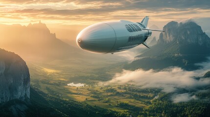 Fototapeta premium A large white blimp is flying over a mountain range