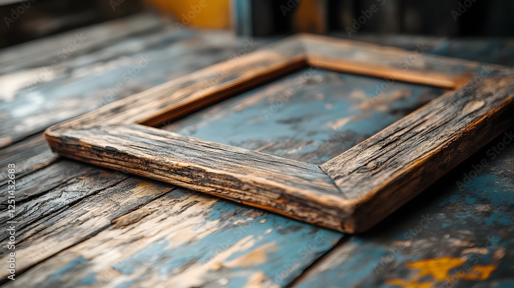 Poster vintage weathered wooden photo frame resting on a distressed rustic wooden surface with a grungy tex