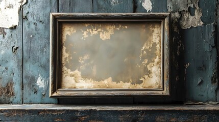Vintage Weathered Wooden Frame Resting on Rustic Distressed Wood Wall Backdrop  Grunge Texture and Aged Patina Create a Classic Nostalgic Interior Design Atmosphere