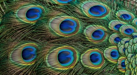 Obraz premium Peacock Feathers Close-Up: An intricate and mesmerizing closeup of peacock feathers, showcasing their vibrant iridescent colors and exquisite pattern. Each feather is a work of art.