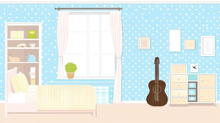 Pastel-Colored Child's Bedroom Interior with Window and Furniture