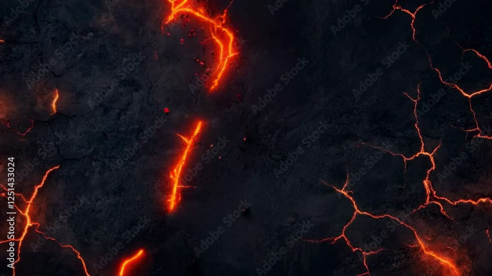Poster dark ground breaking apart with glowing cracks and hot lava flowing, creating a dramatic and fiery s