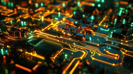 Obraz premium A close up of a circuit board with a green and orange glow