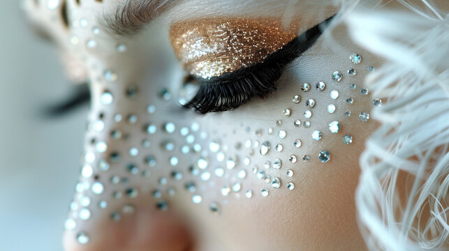 Gros plan sur un &oelig;il maquill&eacute;, faux cils, fard &agrave; paupi&egrave;re dor&eacute;, cristaux transparents, mannequin